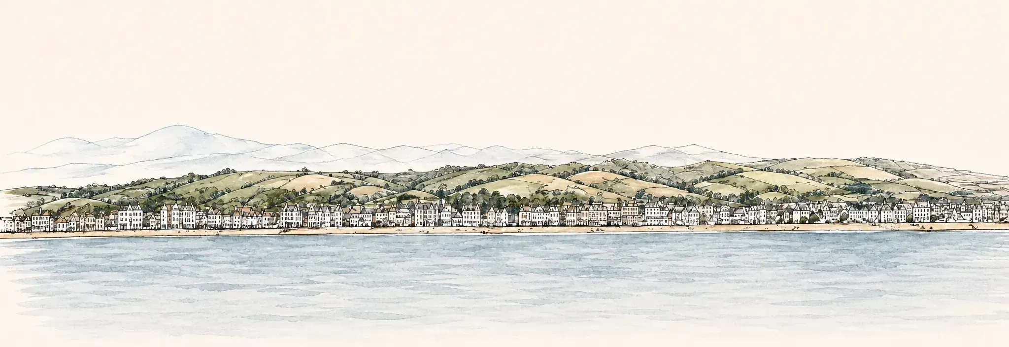 Watercolour panorama of the Sussex coast with the South Downs behind