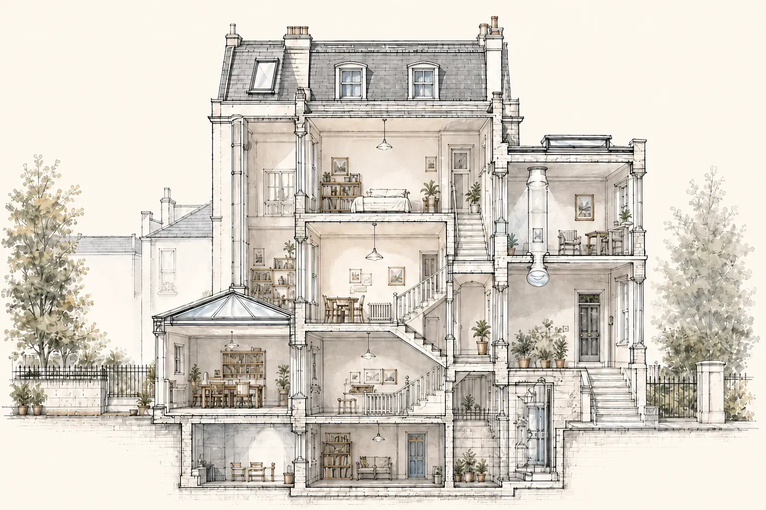 Section drawing of a tall Brighton terraced house from basement to mansard, showing a roof window, a flat rooflight, a sun tunnel and a roof lantern