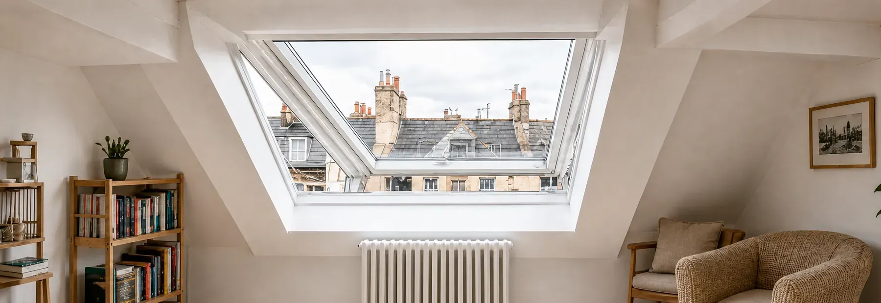 A bright loft room under a large new roof window, looking out over slate roofs and chimney pots