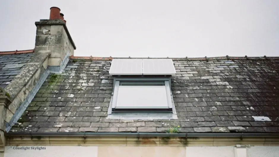 Roof window set into a mossy slate roof on an older terraced house