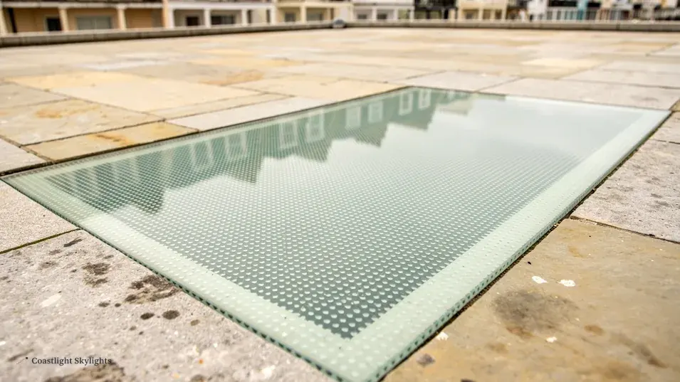Textured anti-slip walk-on glass set flush in a paved terrace