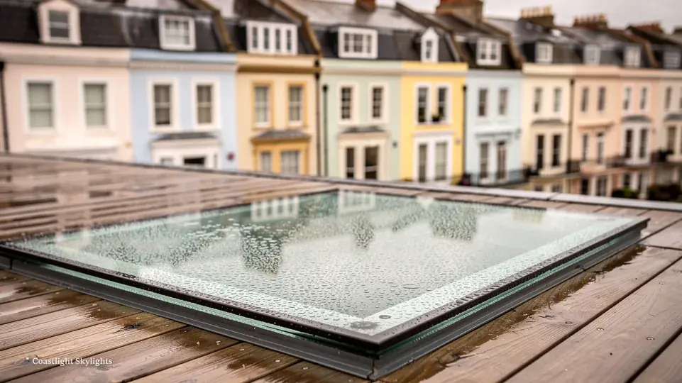 Walk-on rooflight with a frosted anti-slip finish set into a wet timber deck