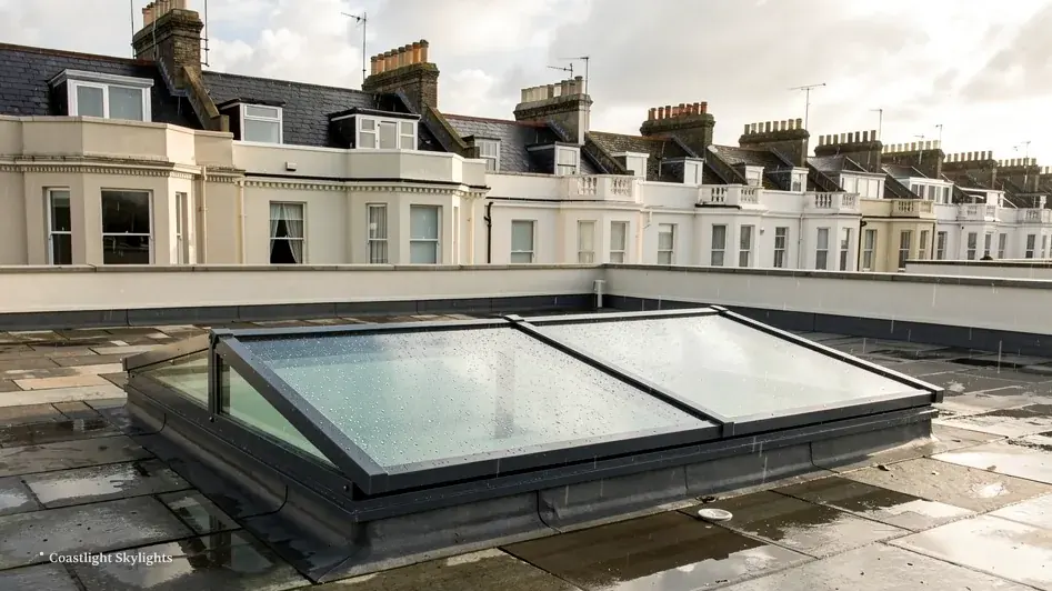 Walk-on rooflight in a stone terrace after rain, with a textured glass finish