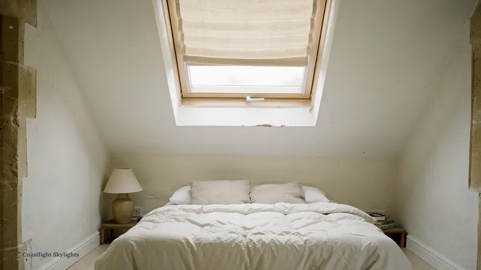 Bedroom with white bedding beneath a roof window in the sloping ceiling