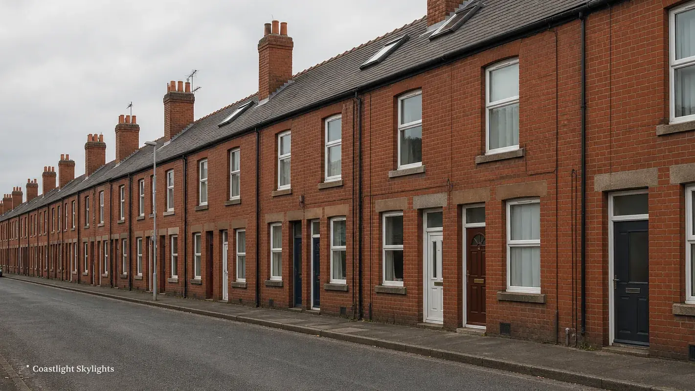 Long street of red brick terraced houses with tiled roofs