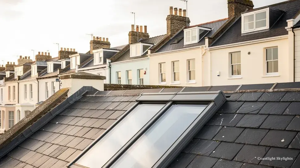 Two roof windows set into a slate roof above a row of terraced houses