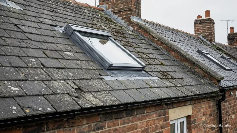 Roof window set into a weathered slate roof beside a brick chimney