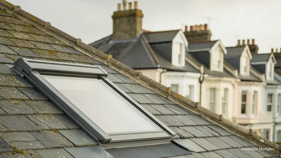 Roof window set into a grey slate roof with stone terraced houses behind