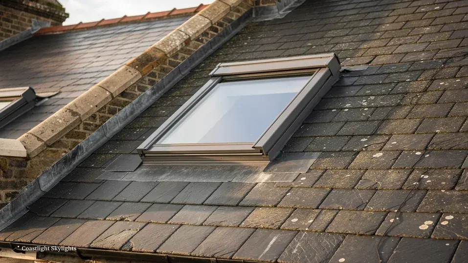 Roof window set into a dark slate roof