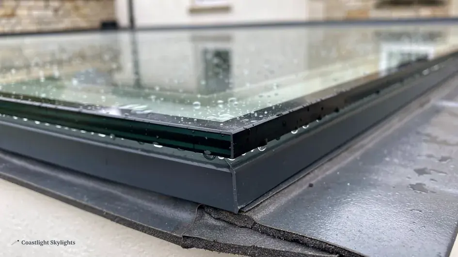 Close view of the glass edge of a flat rooflight with water droplets