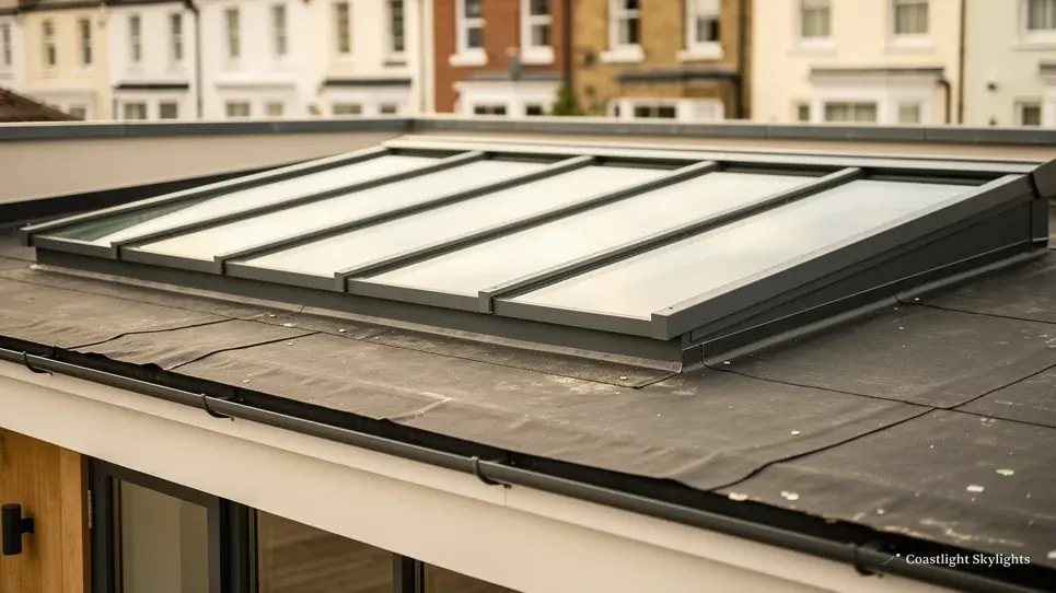 Long multi-pane glazed rooflight on a grey flat roof