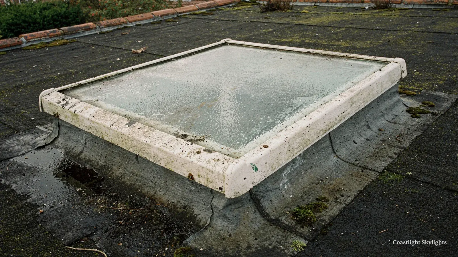 Weathered flat rooflight with a stained rim on a grey flat roof