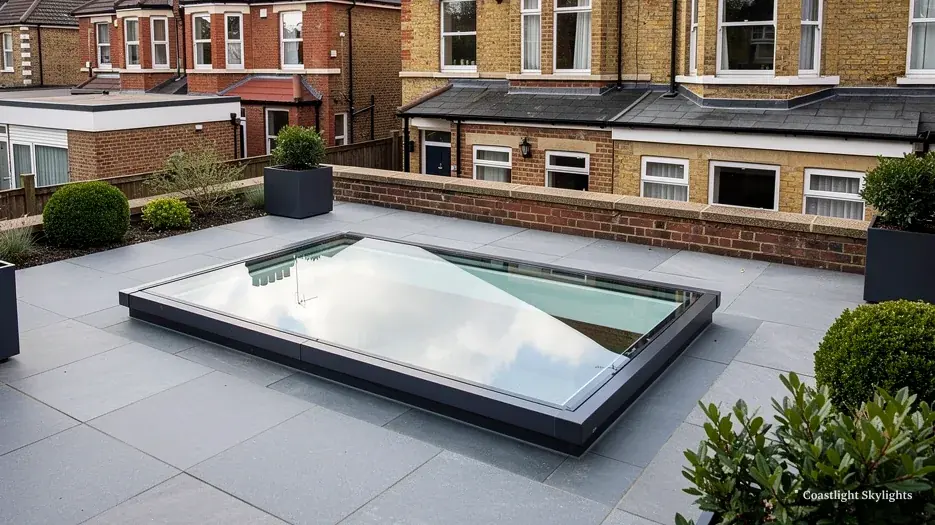 Glass walk-on rooflight set into a paved roof terrace with a brick house behind