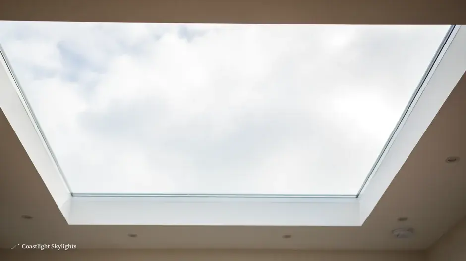 Looking up through a large glass rooflight at a cloudy sky