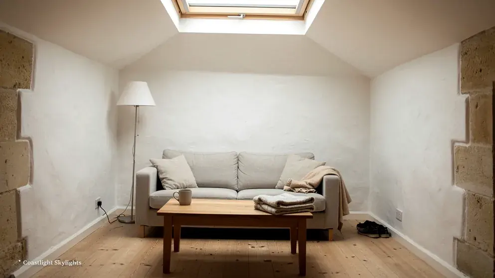 Loft living room with a sofa and coffee table under a sloping ceiling