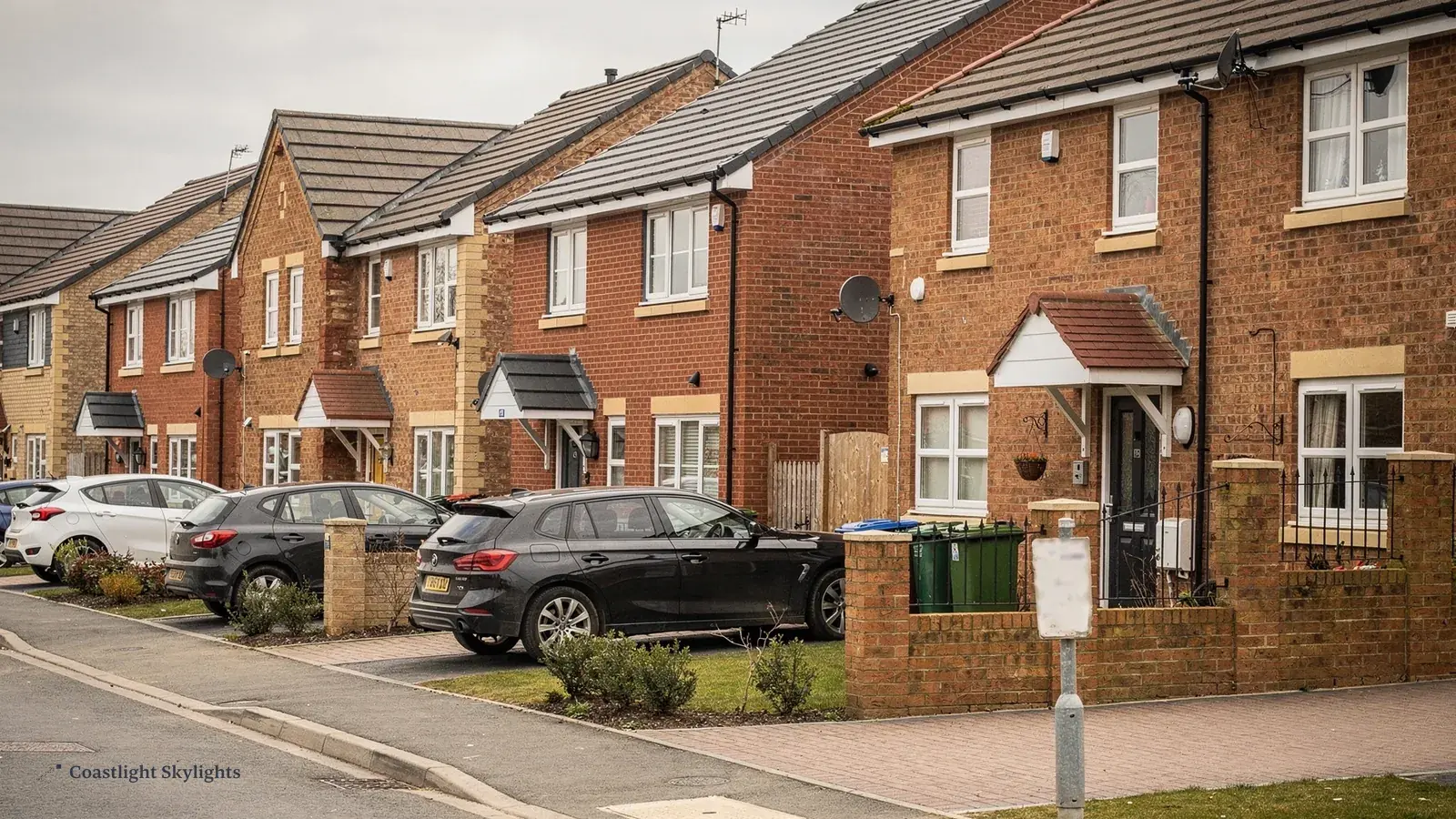 Street of modern brick houses with parked cars and tiled roofs