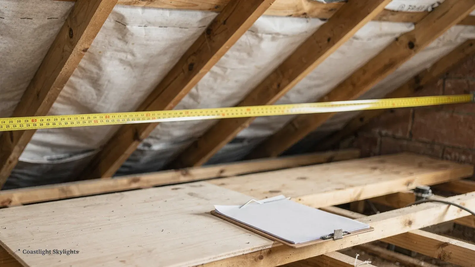 Loft space with exposed timber rafters, a tape measure and boards laid across the joists
