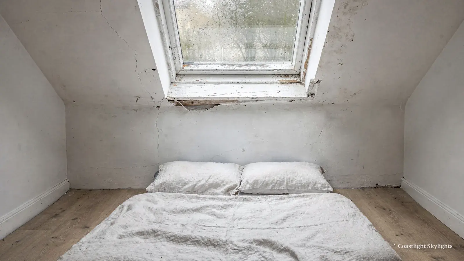 Loft bedroom with a bed on the floor and a roof window in the sloping ceiling