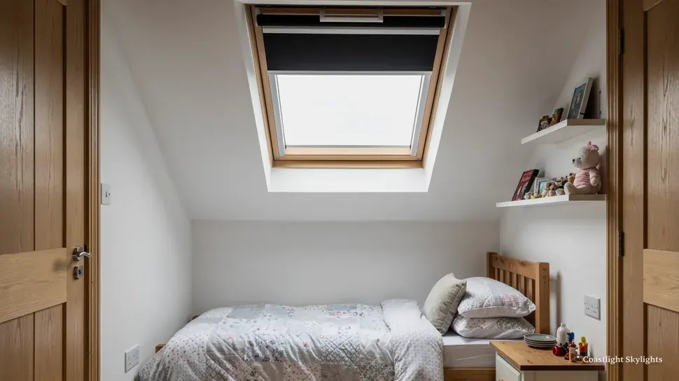 Loft bedroom with a bed, shelves and a roof window with a blind above