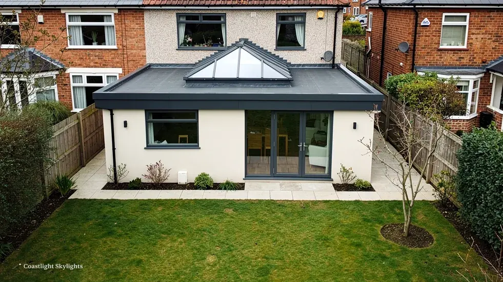 Rear of a semi-detached house with a flat roof extension, a lantern and a lawn