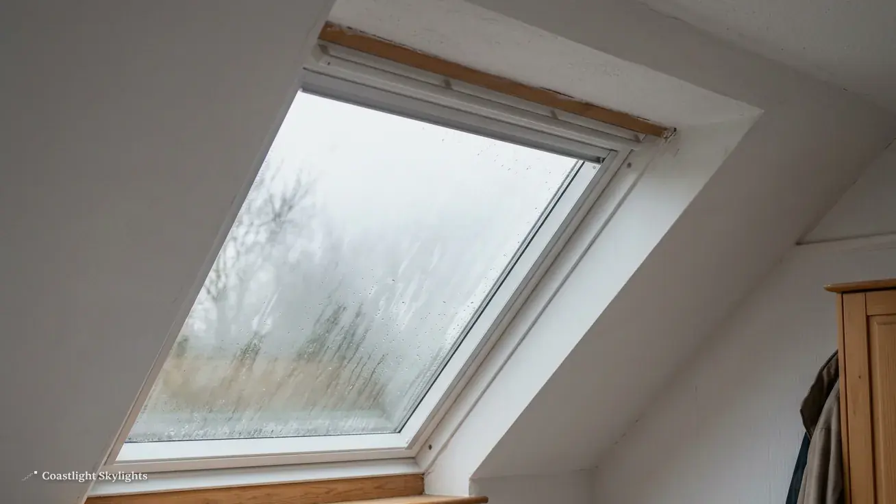 Roof window with misted glass seen from inside a white room