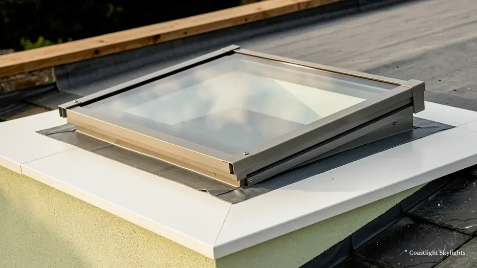 Opening flat rooflight on a white upstand, close view of its glazed sash
