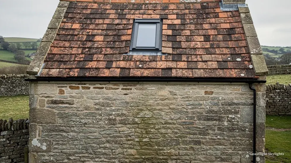 Old stone outbuilding with a clay tiled roof and a small roof window