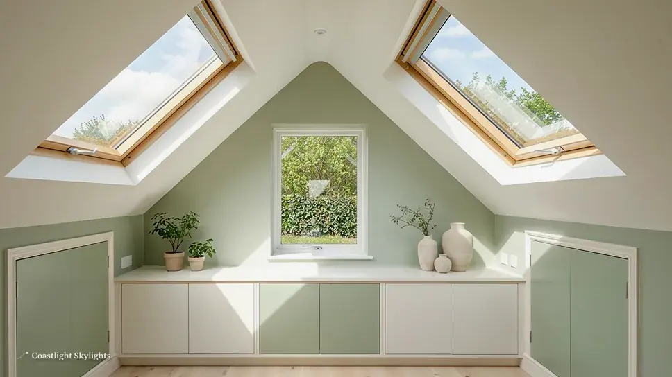 Loft room with sage green fitted units and two roof windows in the sloping ceiling