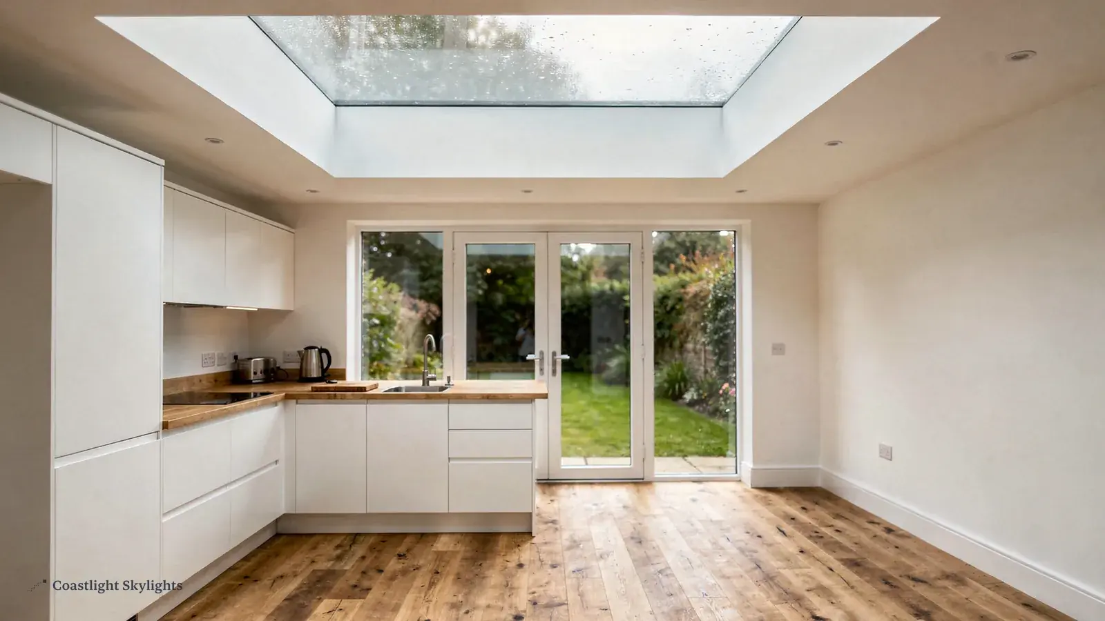 White kitchen with a rooflight above and glazed doors opening to the garden