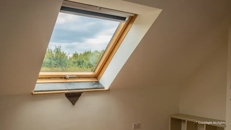 Open roof window with a view of green trees from inside a room