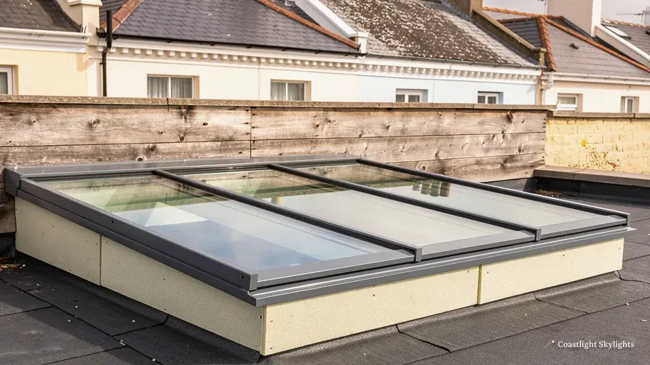 Long glazed rooflight on a flat roof with cream insulated upstands