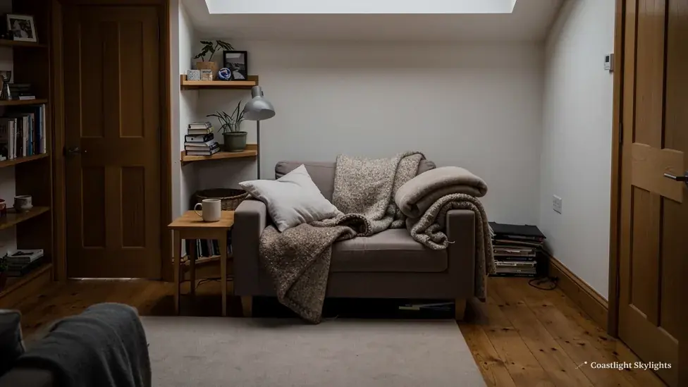 Cosy loft sitting room with an armchair and a roof window high in the sloping ceiling