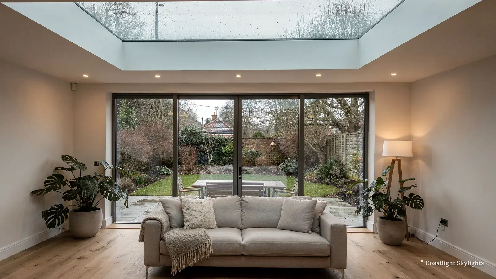 Living room with sofa and a glazed roof lantern above, with garden doors beyond