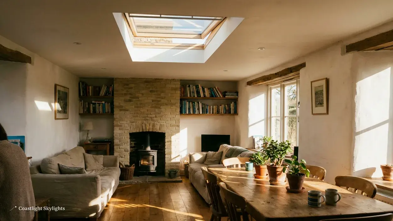 Living and dining room with a fireplace, bookshelves and a long table