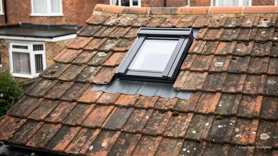 Weathered roof window set into a red clay tiled roof