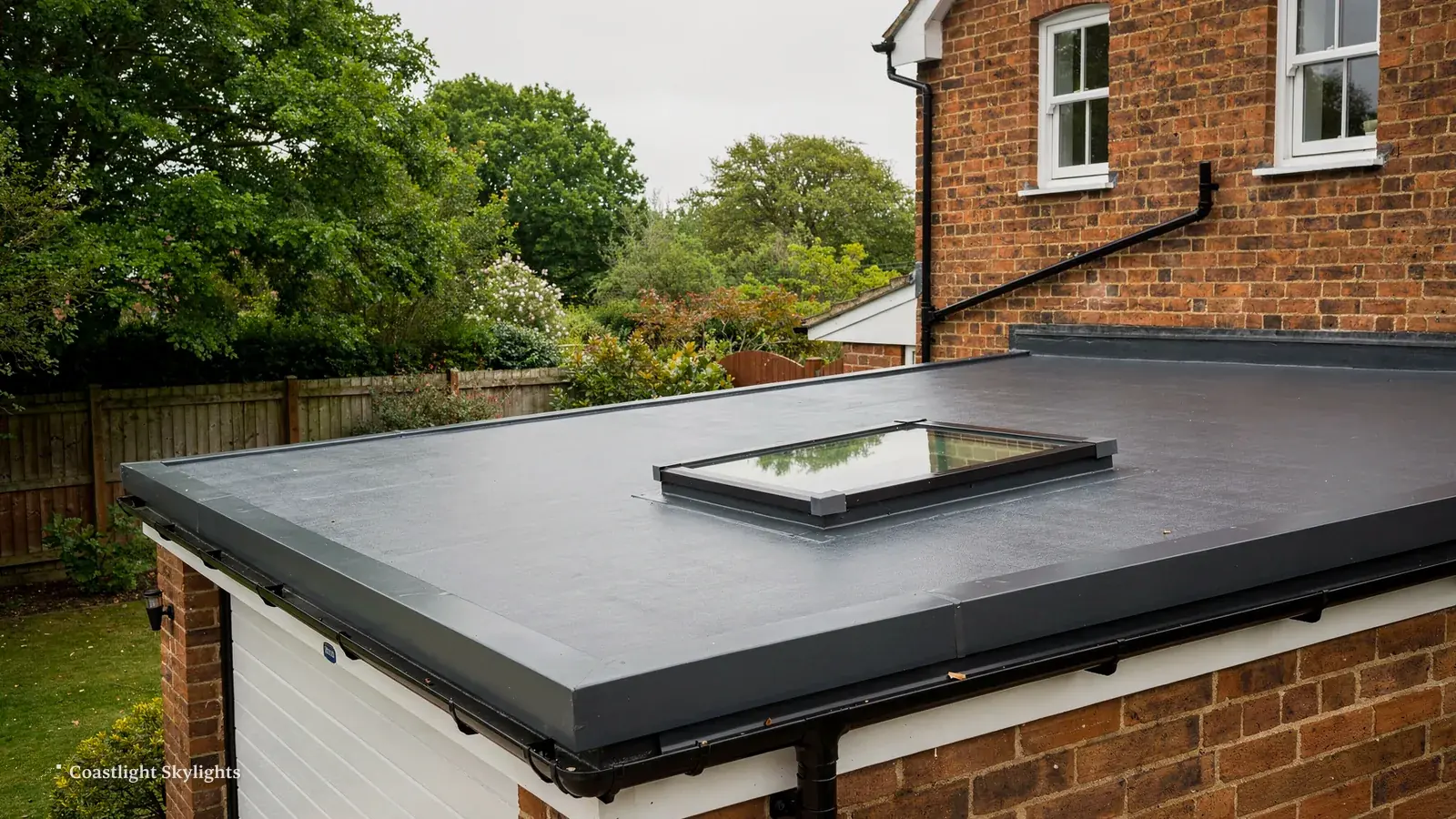 Fixed glass rooflight on a grey membrane flat roof beside a garden