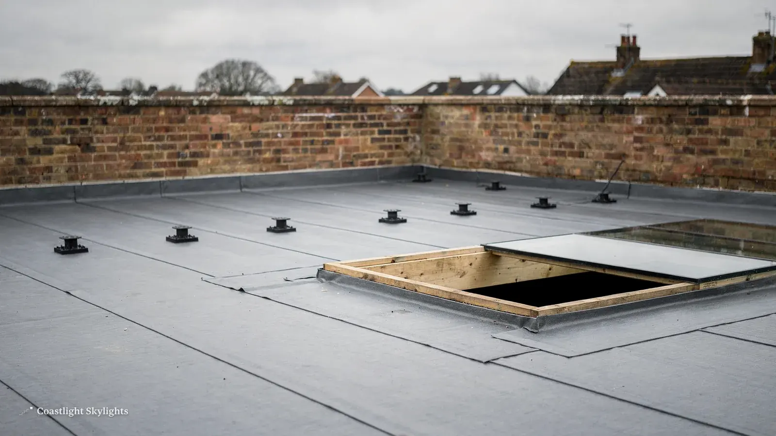 Rectangular glass rooflight set into a grey flat roof with a brick parapet behind