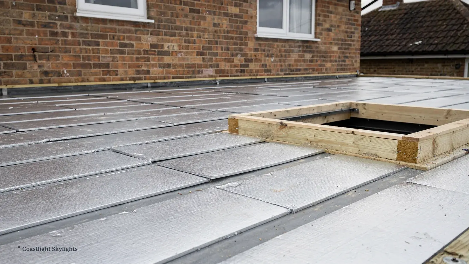 Empty timber kerb on a grey flat roof ready for a rooflight