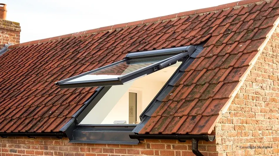 Slim black framed roof window set into a red clay tiled roof