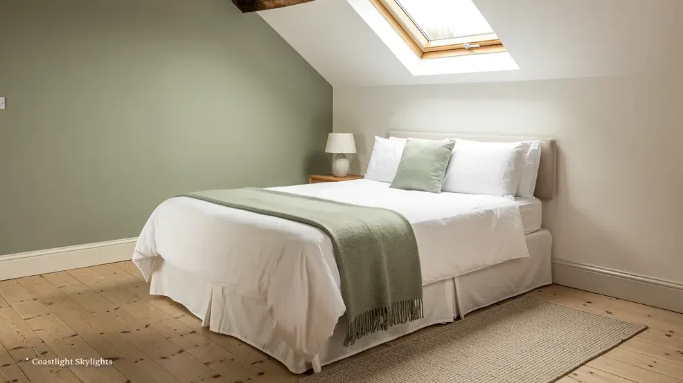 Bedroom with a double bed and a roof window high in the sloping ceiling