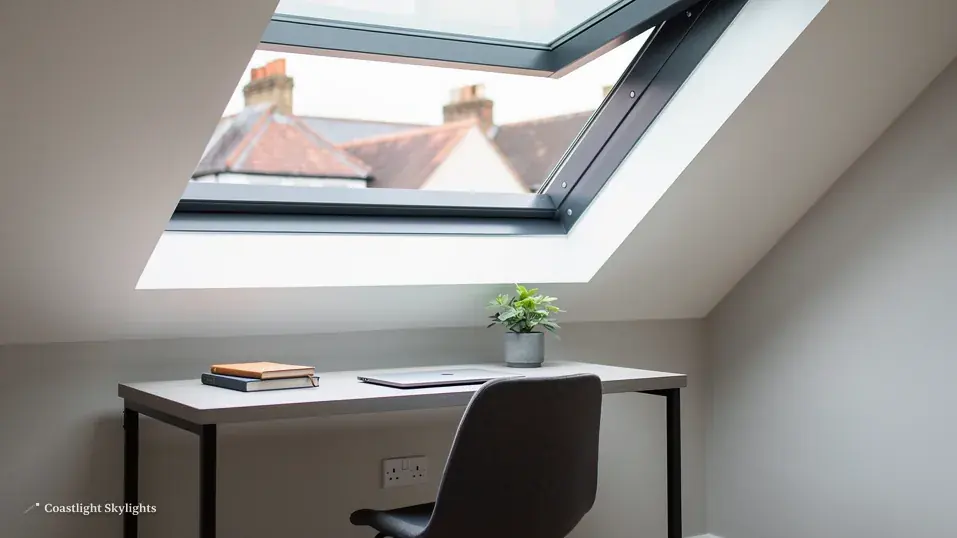 Desk and office chair beneath a glazed rooflight in a white room