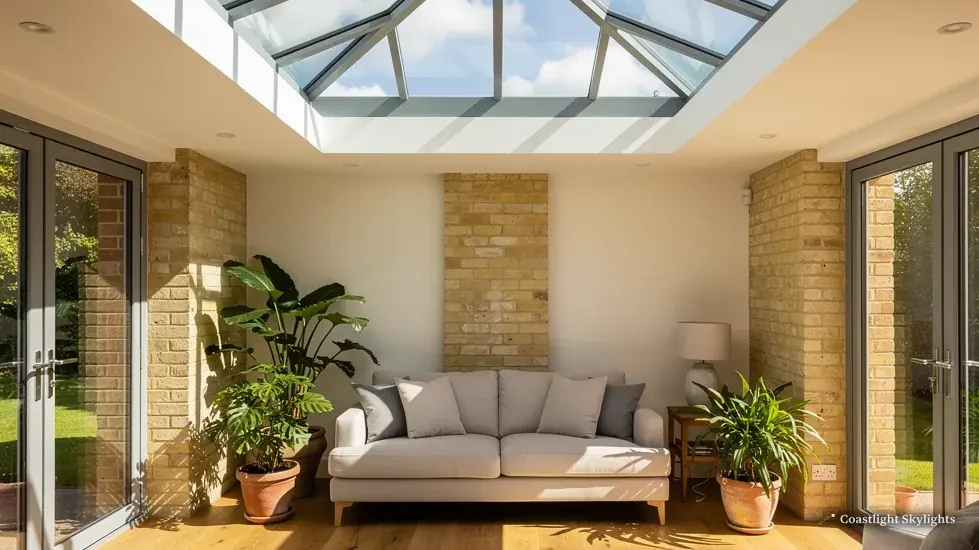 Living room with a sofa and plants beneath a glazed roof lantern