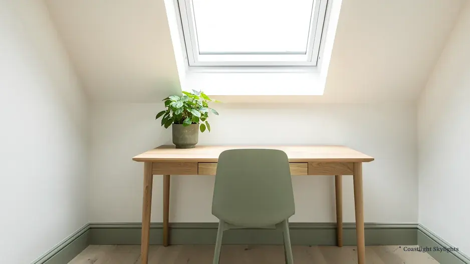 Loft study with a desk and chair beneath a roof window in the ceiling