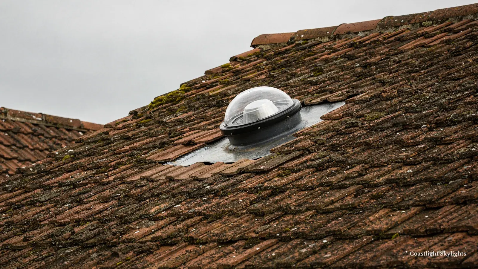 Round sun tunnel dome set into a pitched clay tiled roof, with tiles dressed around it