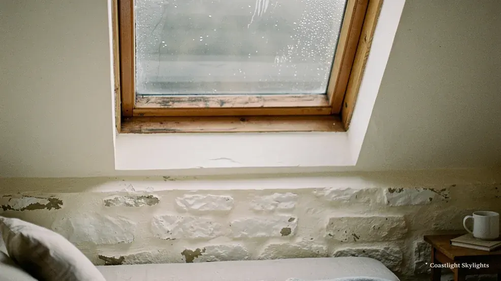 Roof window with cloudy glass and a stained wall around it