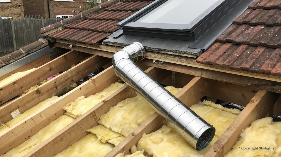 Reflective metal tube running through a roof space between rafters and insulation