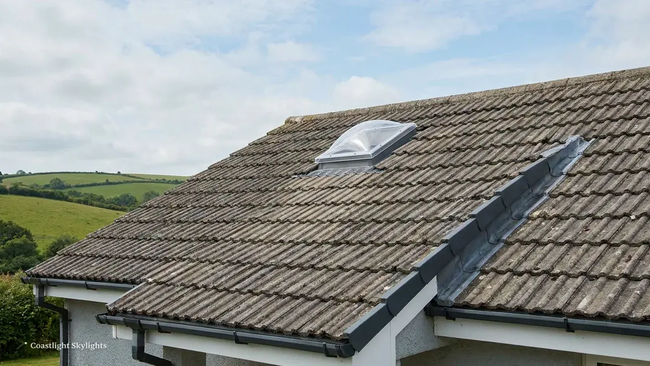 Sun tunnel dome on a tiled pitched roof with countryside beyond