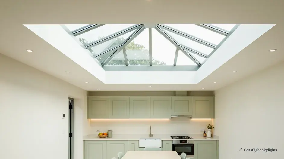 Kitchen with sage green units and a glass pyramid roof lantern overhead