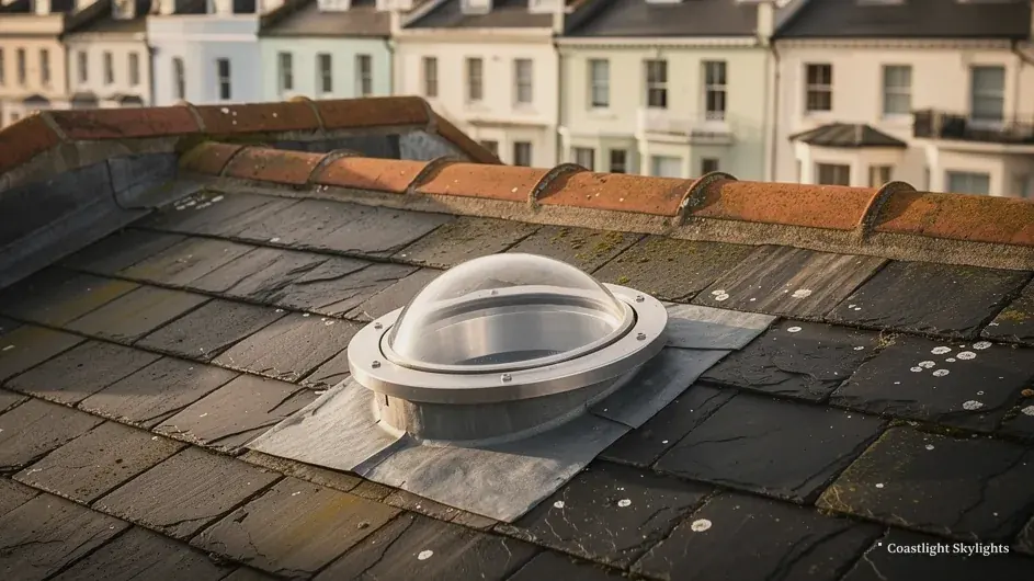 Clear sun tunnel dome with flashing on the slate roof of a terraced house