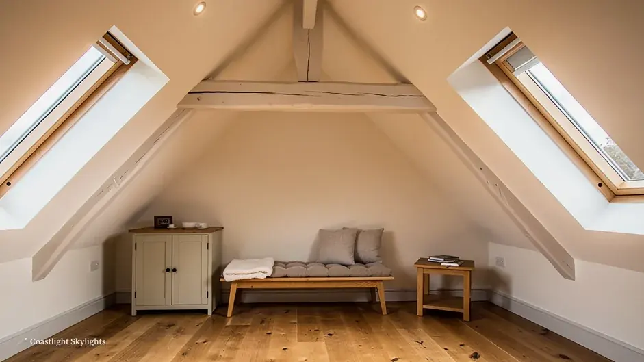 Loft room with exposed timber trusses and two roof windows in the sloping ceiling